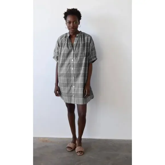 Never A Wallflower Elastic Sleeve Dress Navy Blue Plaid Printed Cotton Mini - Picture 8 of 8